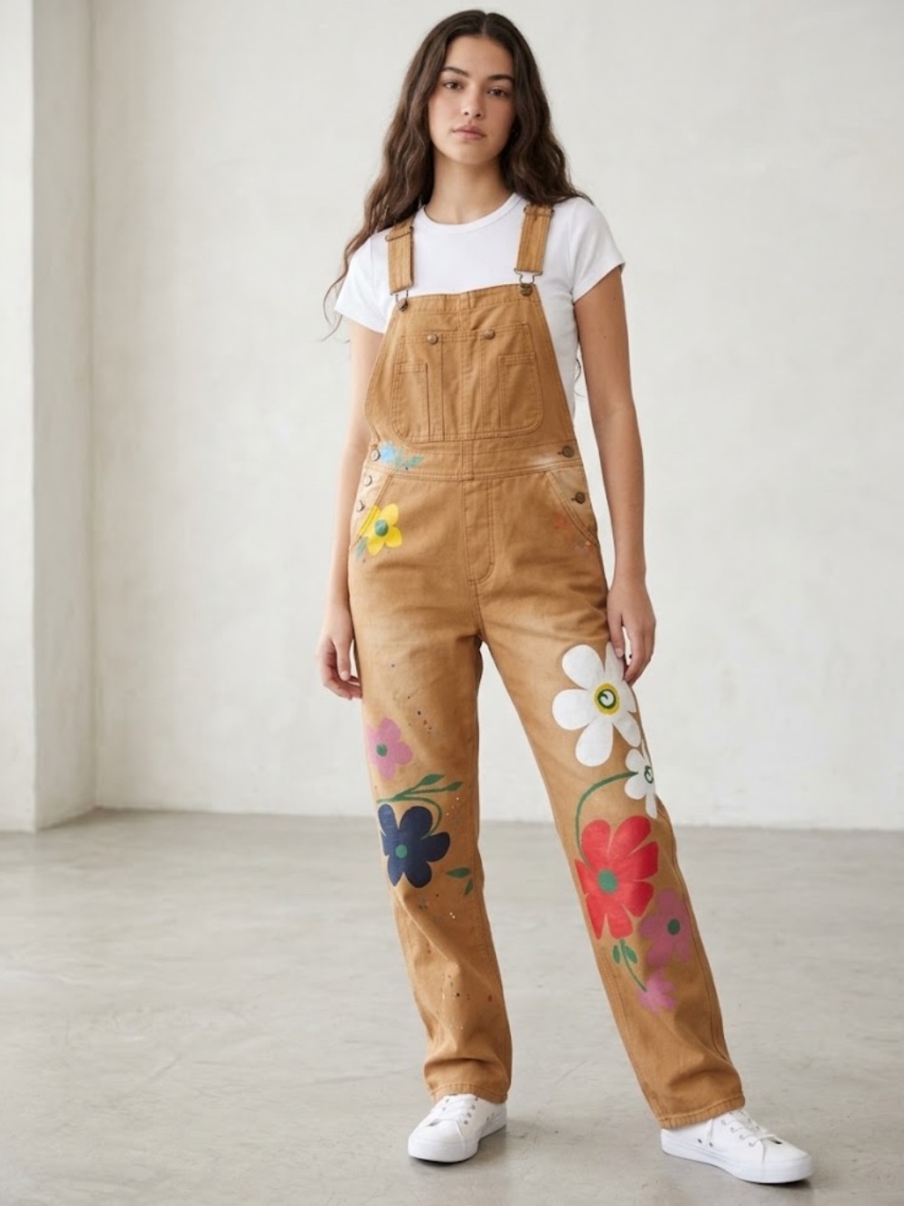 MISSLOOK Tan Floral Painted Overalls
